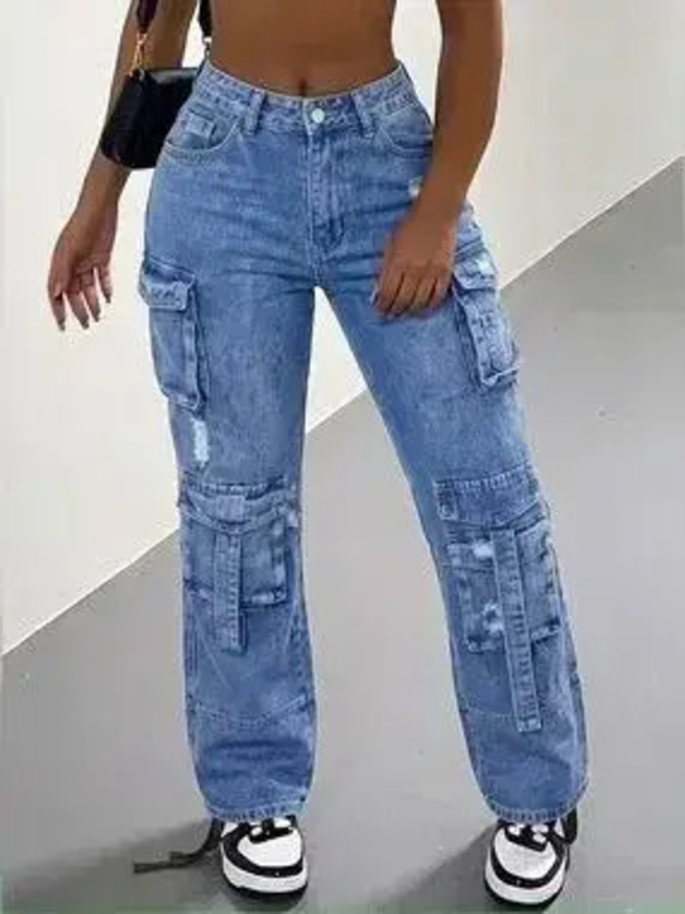 High-Waisted Distressed Cargo Jeans - Picture 1 of 4